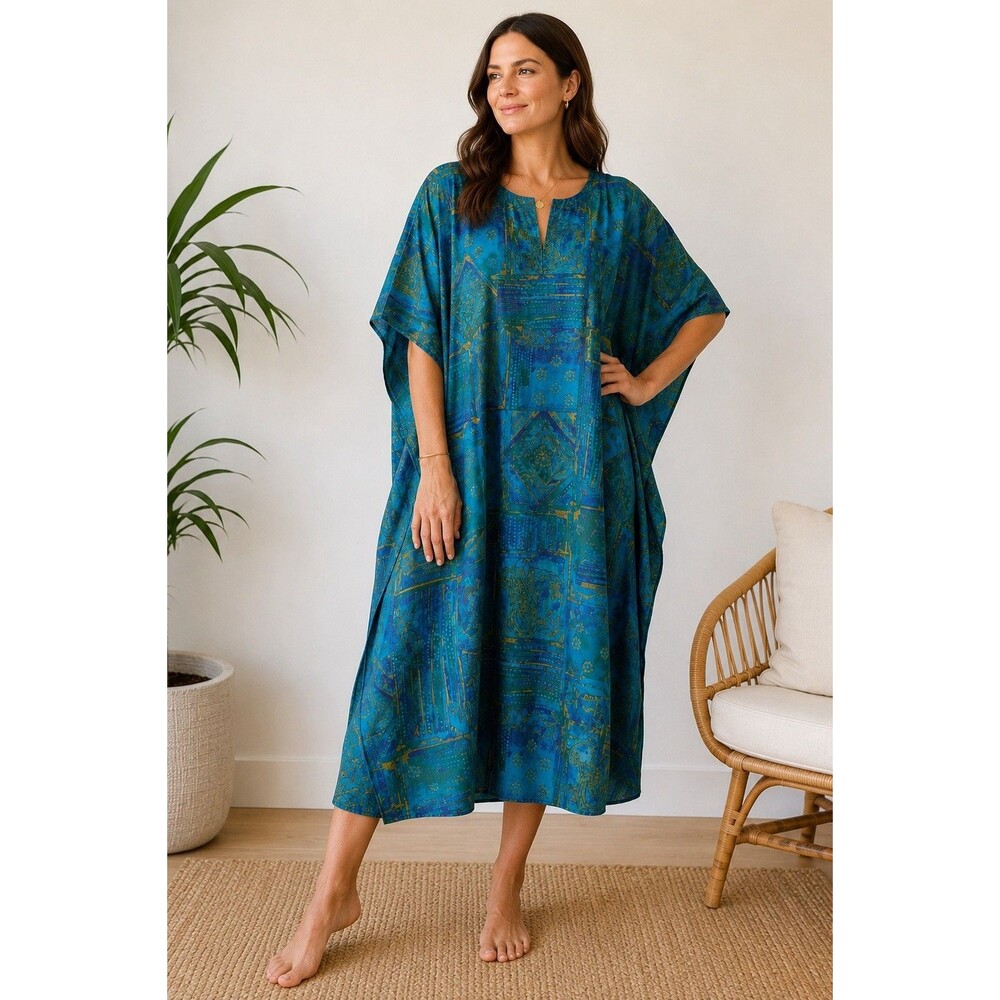 Vintage Winlar Floral Print Satin Kaftan Dress Mumu One Size Women's Relaxed Fit